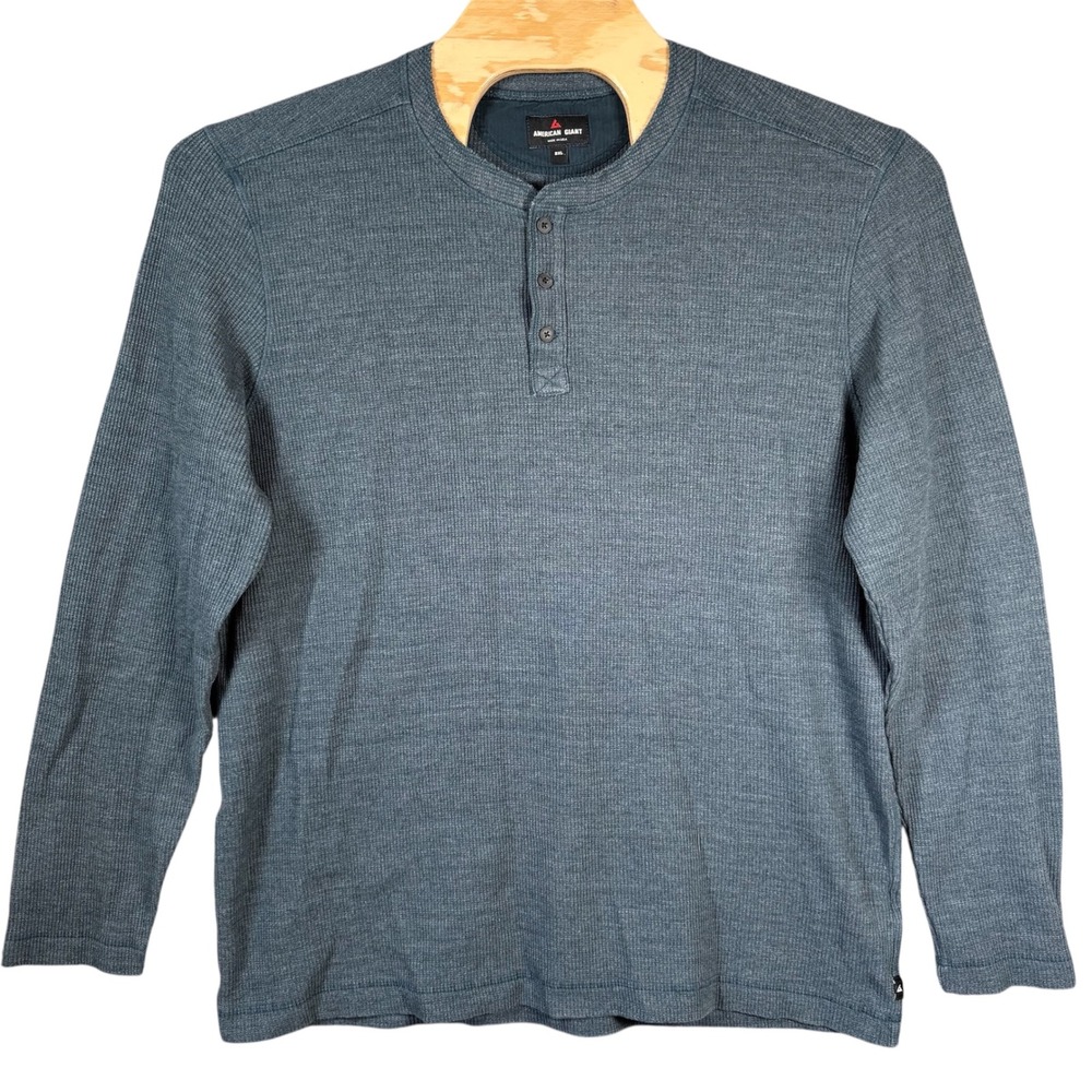 American Giant Henley‎ Shirt Mens 2XL Blue Grey Waffle Knit Thermal Long Sleeve